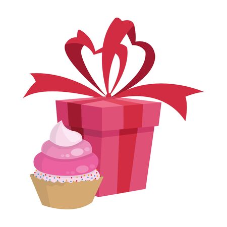 sweet cupcake and gift box icon over white background, colorful design, vector illustrationのイラスト素材