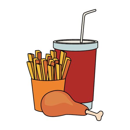 french fries with chicken thigh and drink cup over white background, vector illustrationのイラスト素材