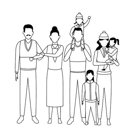 family avatar cartoon character black and white vector illustration graphic designのイラスト素材