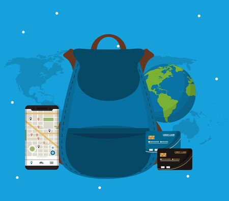 world travel scene with handbag and icons vector illustration designのイラスト素材