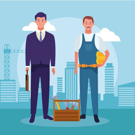 cartoon businessman and repair man standing over blue background, colorful design , vector illustrationのイラスト素材