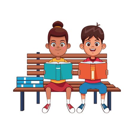 Happy kids reading books sitting on bench over white background, vector illustrationのイラスト素材