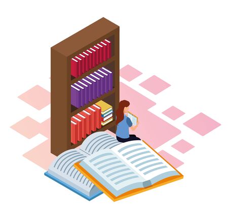 books, bookshelf and woman reading over white background, isometric and colorful design, vector illustrationのイラスト素材
