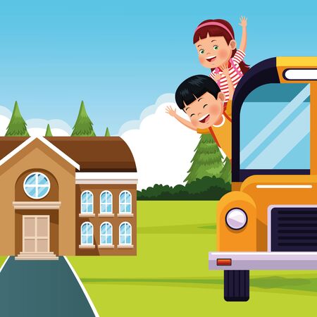 back to school design with school bus with happy kids going out for the windows, colorful design , vector illustrationのイラスト素材