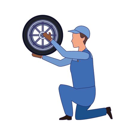 car mechanic kneeling holding a tire icon over white background, vector illustrationのイラスト素材