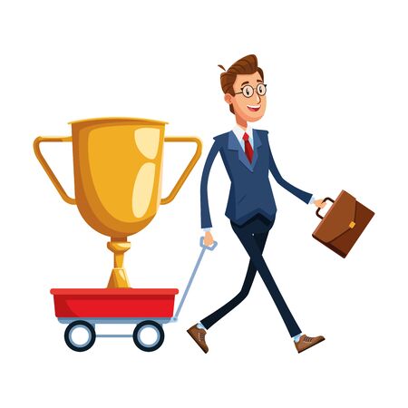 cartoon businessman pulling a trolley with big trophy icon over white background, colorful design, vector illustrationのイラスト素材