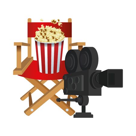 director chair with pop corn bucket and cinema camera over white background, vector illustrationのイラスト素材