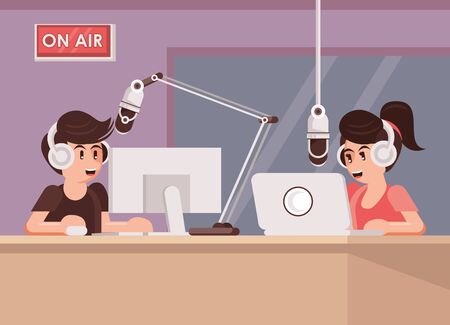 international radio day poster with announcers couple vector illustration designのイラスト素材