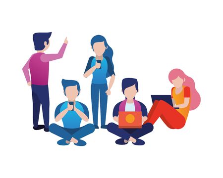 young people using smartphone and laptop characters vector illustration designのイラスト素材