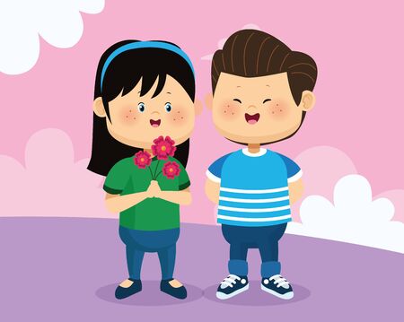 cartoon happy boy and girl with flowers over pink background, colorful design, vector illustrationのイラスト素材