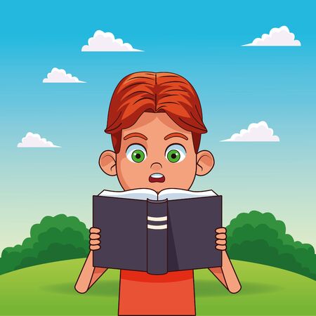 cartoon boy surprised reading a book over landscape background, colorful design, vector illustrationのイラスト素材