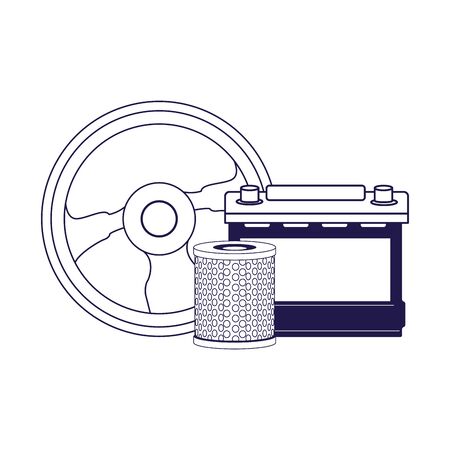car battery, steering wheel and air filter over white background, flat design, vector illustrationのイラスト素材