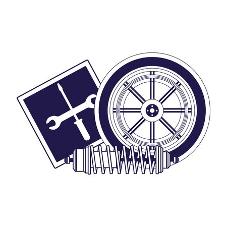 repair tools sign and car tire and shock absorber over white background, vector illustrationのイラスト素材