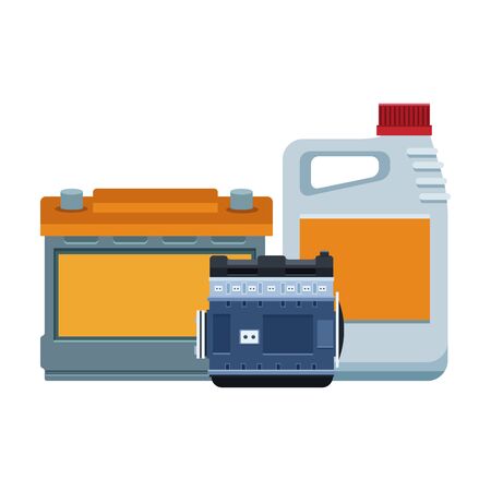 car battery, motor parts and oil bottle over white background, vector illustrationのイラスト素材