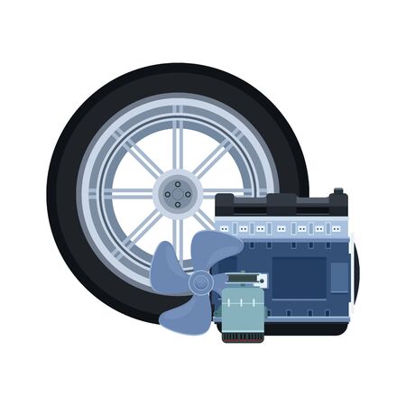 car tire with engine parts icon over white background, colorful design, vector illustrationのイラスト素材