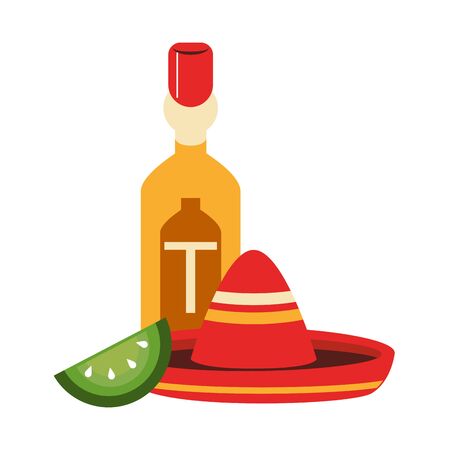 mexico culture foods cartoons tequila bottle and lemon cut on the side mariachi hat vector illustration graphic designのイラスト素材