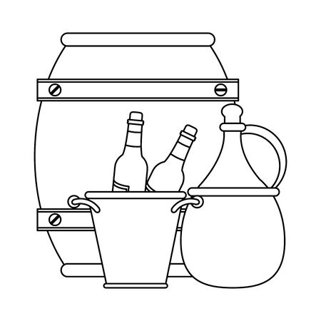 ice bucket with wine bottles and wooden barrel over white background, vector illustrationのイラスト素材