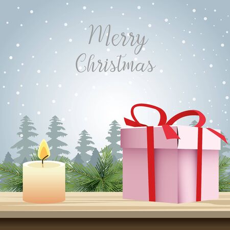 Merry christmas design of candle and gift box over snowy background, colorful design, vector illustrationのイラスト素材
