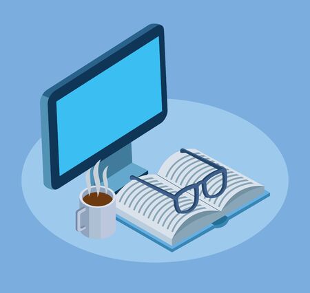 computer with glasses, book and hot coffee mug over blue background, isometric and colorful design, vector illustrationのイラスト素材