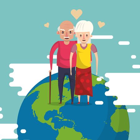 cute grandparents couple lovers in the world planet vector illustration designのイラスト素材