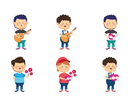icon set of cartoon happy boys with love gifts over white background, vector illustrationのイラスト素材