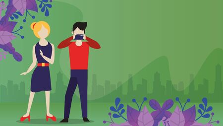 young couple using device with social media app vector illustration designのイラスト素材