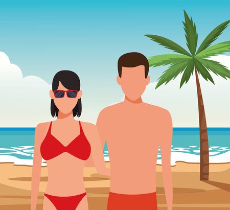 avatar couple wearing swimsuit at the beach, colorful design. vector illustrationのイラスト素材