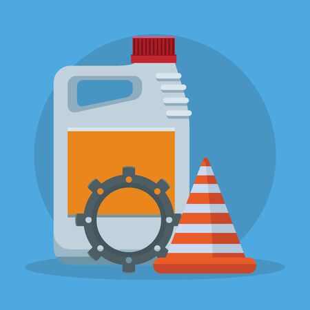car oil bottle with gear wheel and traffic cone over blue background, colorful design, vector illustrationのイラスト素材