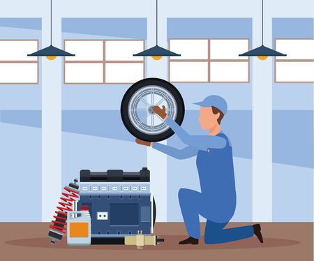 car repair shop scenery with mechanic working with car tire and car parts, colorful design, vector illustrationのイラスト素材
