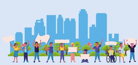 activists people with protest banners and megaphone vector illustration designのイラスト素材