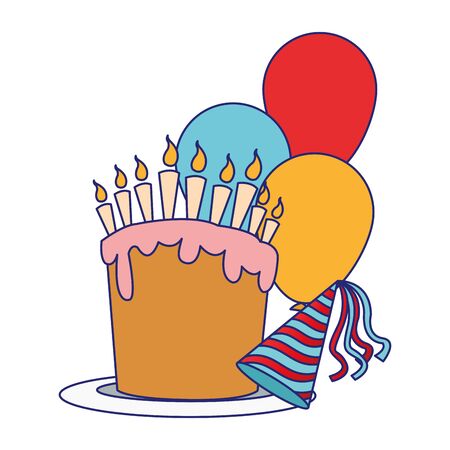 birthday cake with balloons and party hat over white background, colorful design, vector illustrationのイラスト素材