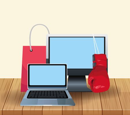 Laptop computers with boxing glove and shopping bag over wooden table and white background, colorful design, vector illustrationのイラスト素材