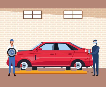 car workshop scenery with man painting a red car and mechanic holding a car tire, colorful design, vector illustrationのイラスト素材