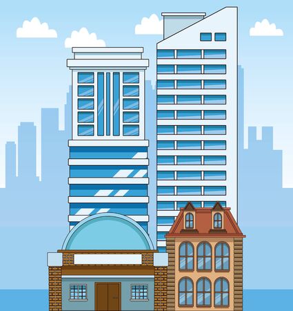 urban city scenery with classic and modern buildings, colorful design, vector illustrationのイラスト素材