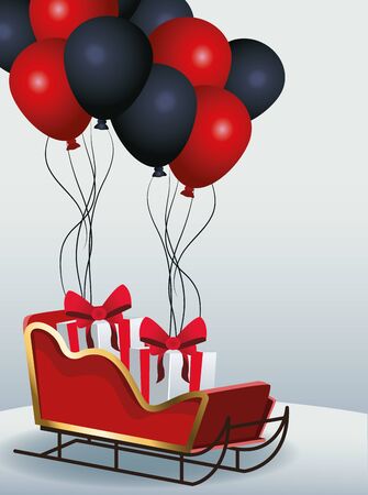 sled with gift boxes and red and black balloons over gray background, colorful design, vector illustrationのイラスト素材