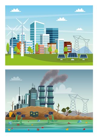 ecology city and industry pollution scenes vector illustration designのイラスト素材