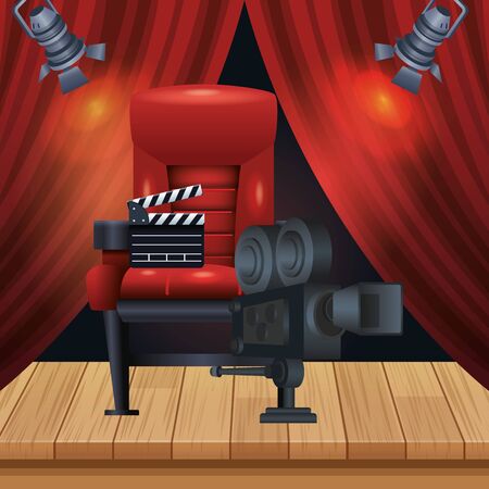 cinema chair with clapboard and film camera over theater red curtains, colorful design, vector illustrationのイラスト素材