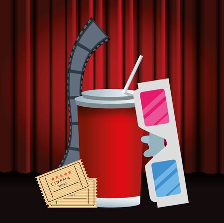 soda cup with 3d glasses and cinema tickets over red theater curtains background, colorful design, vector illustrationのイラスト素材