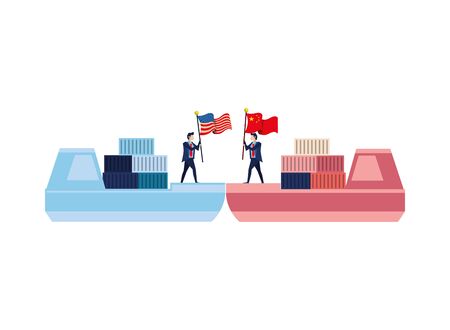 merchant ships with business people and usa and china flags vector illustration designのイラスト素材