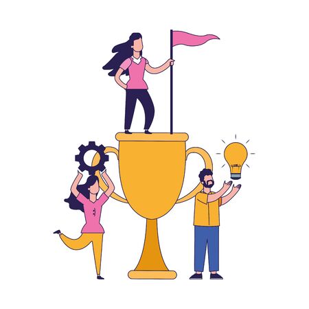 big trophy cup with women and man around over white background, vector illustrationのイラスト素材