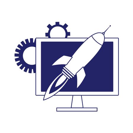 computer with rocket and gear wheels over white background, flat design, vector illustrationのイラスト素材