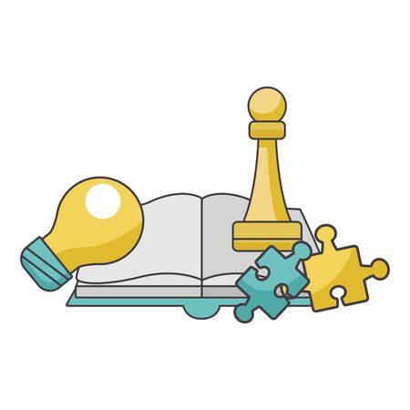 light bulb, book and jigsaw pieces over white background, vector illustrationのイラスト素材