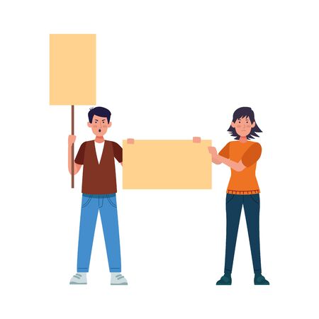 young woman and man holding blank placards over white background, colorful design, vector illustrationのイラスト素材