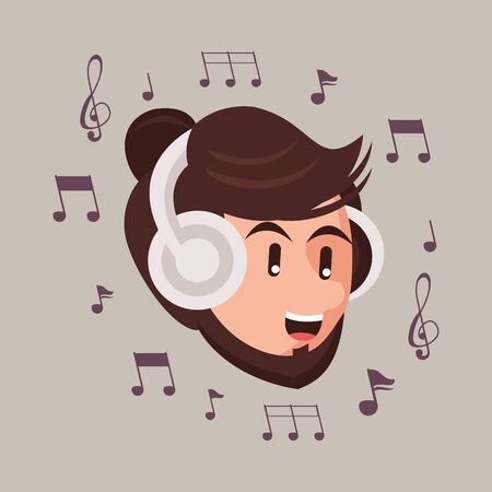 man with earphones audio device and music notes vector illustration designのイラスト素材