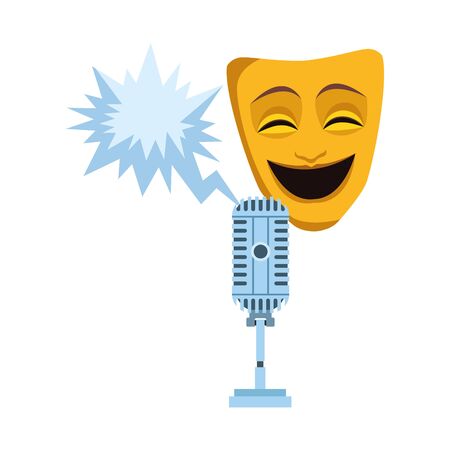 comedy theater mask with retro microphone icon over white background, vector illustrationのイラスト素材