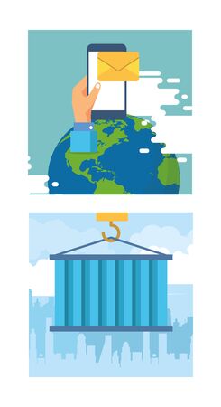 smartphone with envelope email send and world planet vector illustration designのイラスト素材