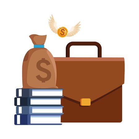 portfolio with money bag and books over white background, vector illustrationのイラスト素材