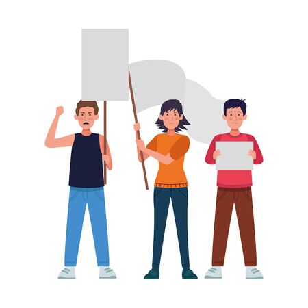 cartoon men and woman protestating standing over white background, colorful design, vector illustrationのイラスト素材