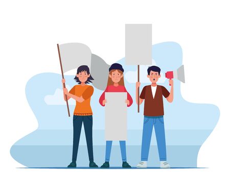 group of protesting people with banners and megaphone vector illustration designのイラスト素材