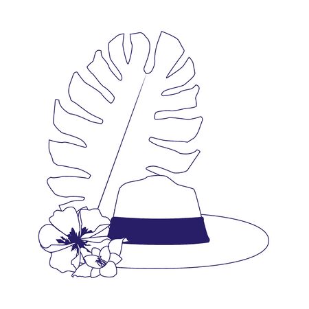 tropical leaf and beach hat with flowers over white background, flat design, vector illustrationのイラスト素材